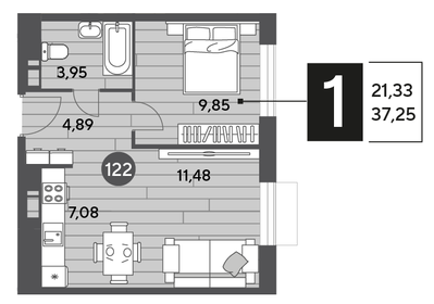 Квартира 37,3 м², 1-комнатная - изображение 1