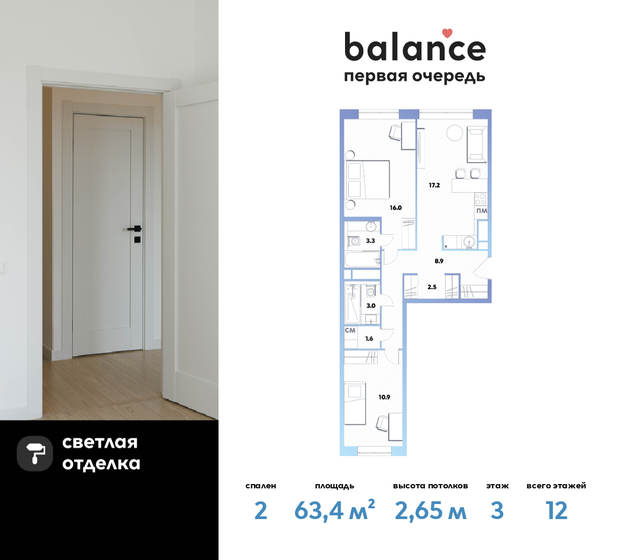 63,4 м², 2-комнатная квартира 24 637 240 ₽ - изображение 1