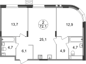 Квартира 72,1 м², 2-комнатная - изображение 1
