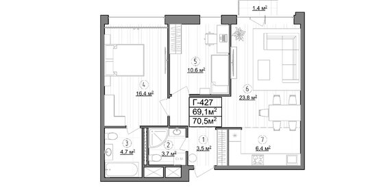 Квартира 69,1 м², 2-комнатные - изображение 1