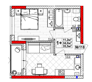 Квартира 35,5 м², 1-комнатная - изображение 1