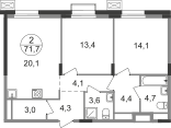 Квартира 71,7 м², 2-комнатная - изображение 1