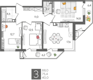 Квартира 88 м², 3-комнатная - изображение 2