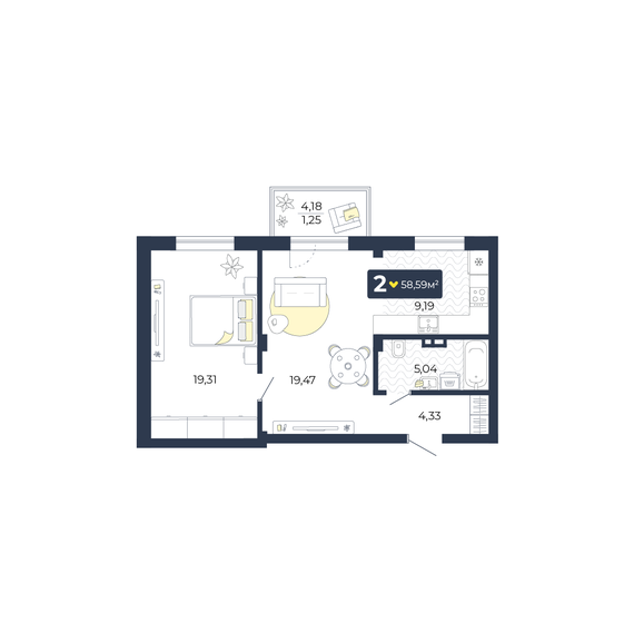 58,6 м², 2-комнатная квартира 6 286 707 ₽ - изображение 1