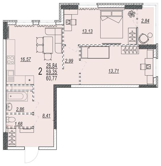 60,8 м², 2-комнатная квартира 5 833 920 ₽ - изображение 1