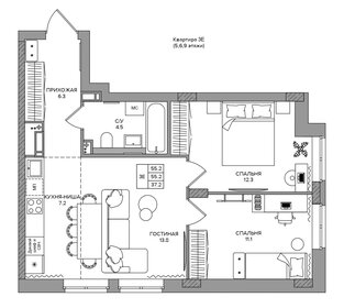 Квартира 55,2 м², 3-комнатная - изображение 1