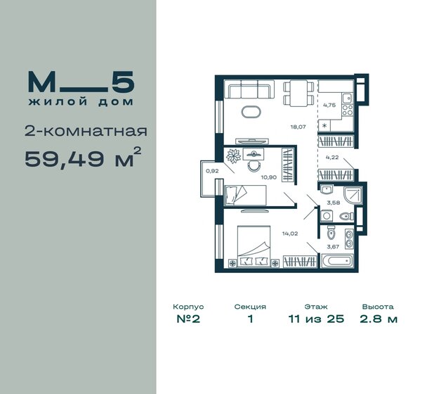 59,5 м², 2-комнатная квартира 14 872 976 ₽ - изображение 23