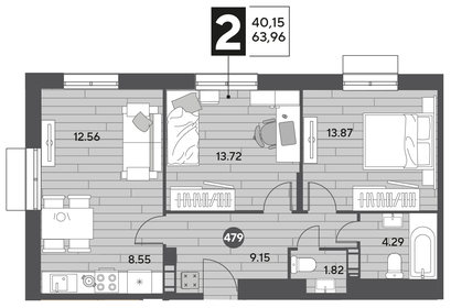 Квартира 64 м², 2-комнатная - изображение 1