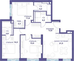 Квартира 88,1 м², 3-комнатная - изображение 1