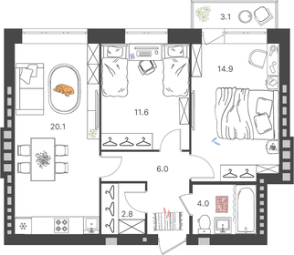 Квартира 60,3 м², 2-комнатная - изображение 1