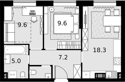 Квартира 51,4 м², 2-комнатные - изображение 1