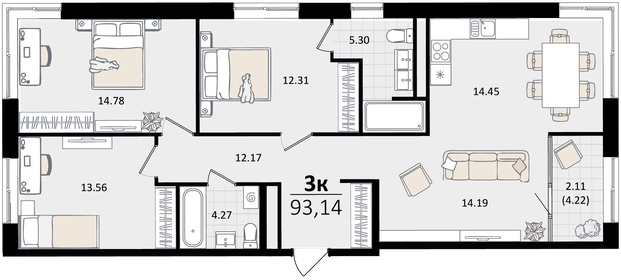 Квартира 93,1 м², 3-комнатная - изображение 1