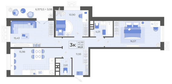 Квартира 80,5 м², 3-комнатная - изображение 1