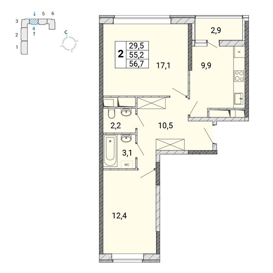 57,1 м², 2-комнатная квартира 9 252 360 ₽ - изображение 1