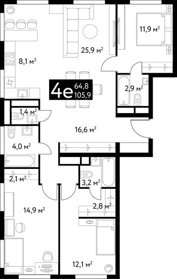 105,9 м², 4-комнатная квартира 64 764 100 ₽ - изображение 1