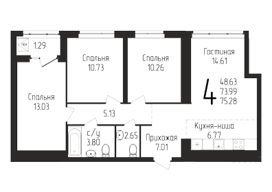 Квартира 75,3 м², 4-комнатная - изображение 1