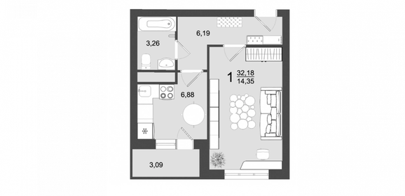 Квартира 32,2 м², 1-комнатная - изображение 1