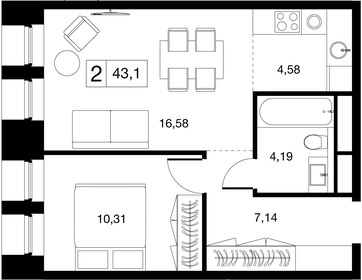 Квартира 43,1 м², 2-комнатные - изображение 1