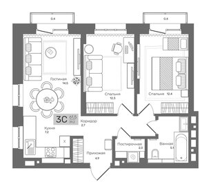 Квартира 61,5 м², 3-комнатная - изображение 2