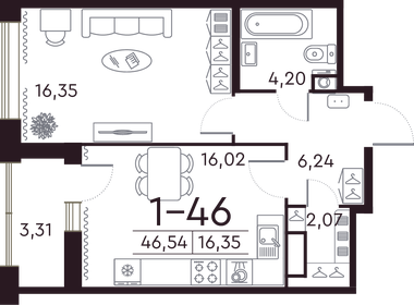 Квартира 46,8 м², 1-комнатная - изображение 1