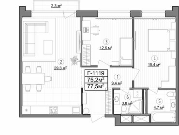 Квартира 75,6 м², 2-комнатные - изображение 1