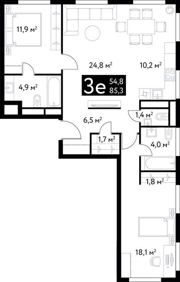 85,3 м², 3-комнатная квартира 49 730 328 ₽ - изображение 1