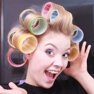 Cheerful Happy Blond Girl Hair Curlers Rollers Hairdresser B