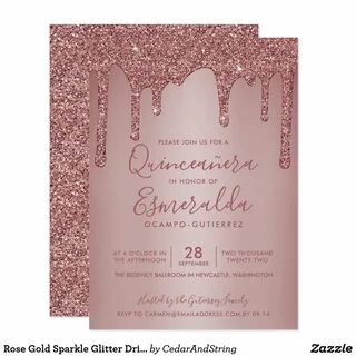 Rose Gold Sparkle Glitter Drips Quinceanera Invitation Rose 