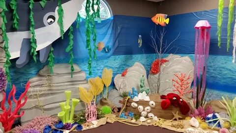 Underwater scene. Cardboard props and pool noodle coral. Und