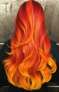 Wavy Red, Orange, & Yellow Ombre ♡ #Hairstyle #Dyed_Hair #Be