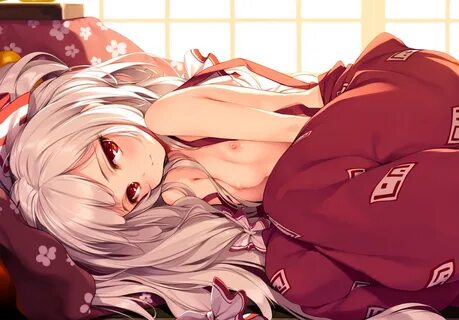 bow breasts fujiwara no mokou ke-ta long hair nipples no bra red eyes touho...