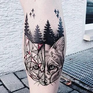 Medium size colored leg tattoo of unusual looking fox with f