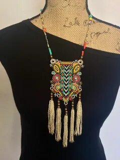 Tribal Beaded Bib Necklace with Tassels, Boho Necklace, Stat
