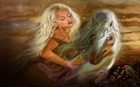 Girl with long blonde hair and Rapunzel horses with beautifu