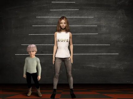 Brother and sister measuring height, near the blackboard wit