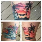 My beach scene ankle tattoo with palm trees, wave and hammoc