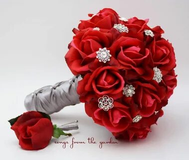 Red Roses & Rhinestones Real Touch Bridal Bouquet Groom's Bo