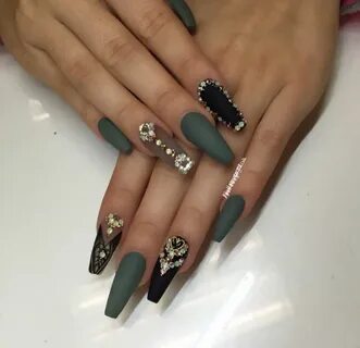 matte olive green and black coffin nails Green acrylic nails