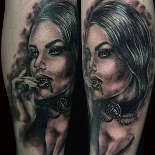 Рисунок вампирши на голени женщины - KissMyTattoo.ru