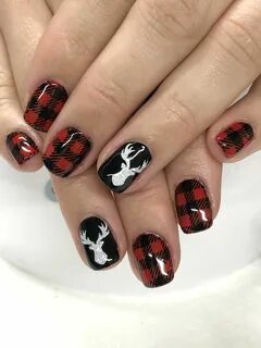 Buffalo Plaid Deer Red Black Checkered Gel Nails Light Elega