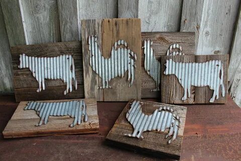 Galvanized Metal Cow Chicken on Barn Wood, farmhouse decorat