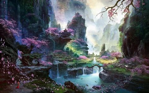 Download HD fantasy Art, Asian Architecture, Cherry Blossom Wallpapers Фант...