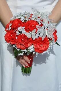 Gorgeous Red Rose and Gypsophila Bouquet with Silver Butterf