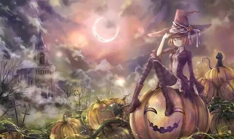Wallpaper : cat, blonde, anime girls, hat, Halloween, pumpki