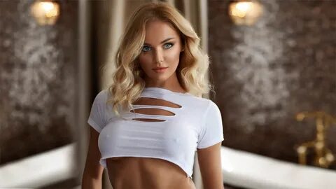 Wallpaper : women, blonde, Crop Top, nipples through clothing, blue eyes, p...