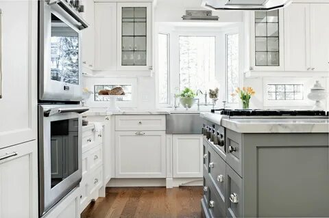 white kitchen - grey island - marble Kitchen design small, K