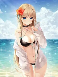 Safebooru - 1girl beach bikini black bikini blonde hair blue