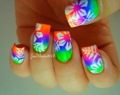 Summer Neons, Hawaiian Tropical Print Nail Design Neon nails