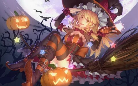 Anime character wallpaper, Halloween, pumpkin, witch hat, he