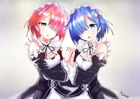 2girls blue eyes blue hair maid naonoox pink hair ram (re:ze